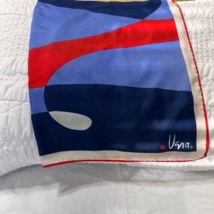 EUNA, 100% silk VIBRANT BOLD GEOMETRIC HAND ROLLED HEM SCARF. 28X28.   70’s-80’s